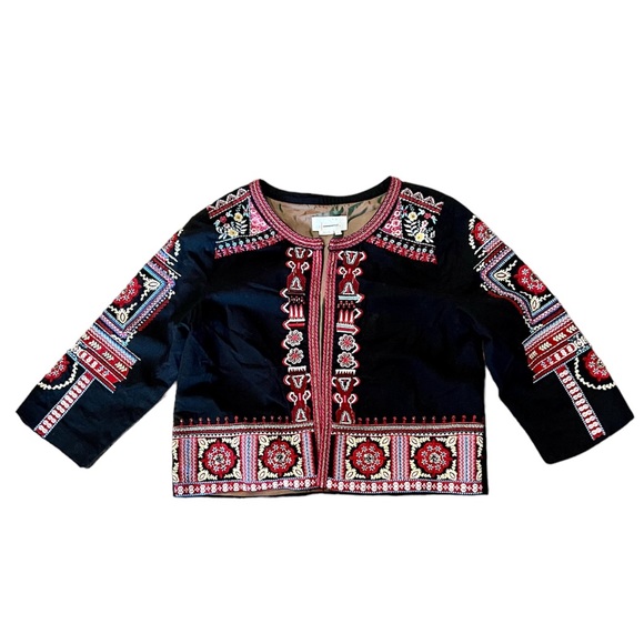 NTHR Women’s Open Front Embroidered Beaded Black Cotton Crop Jacket - Picture 6 of 12